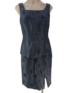 Vintage Y L Black Sleeveless Floral Jacquard Top Skirt 2 Pc Size 6 Square Neck